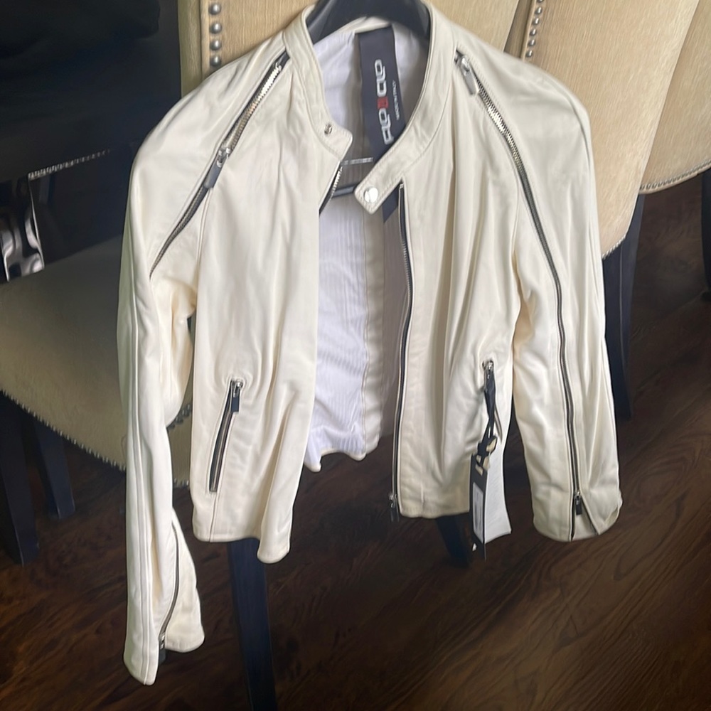 White/cream and black trim leather jacket Flo Clo size small
